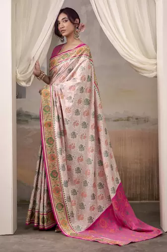 baby pink patola silk blend patola saree with unstitched blouse piece