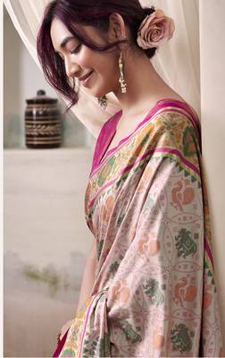 baby pink patola silk blend patola saree with unstitched blouse piece 3
