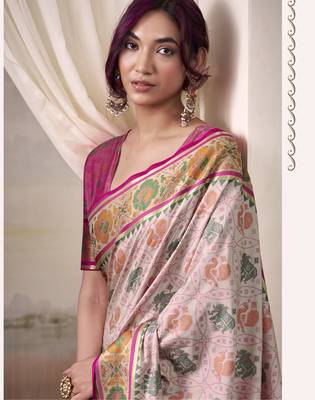 baby pink patola silk blend patola saree with unstitched blouse piece 4