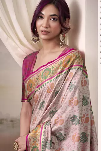 baby pink patola silk blend patola saree with unstitched blouse piece