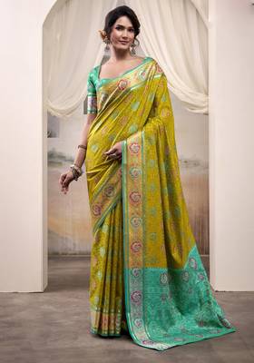 neon patola silk blend patola saree with unstitched blouse piece 1