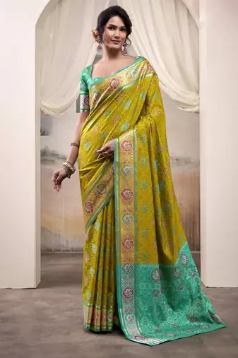 neon patola silk blend patola saree with unstitched blouse piece
