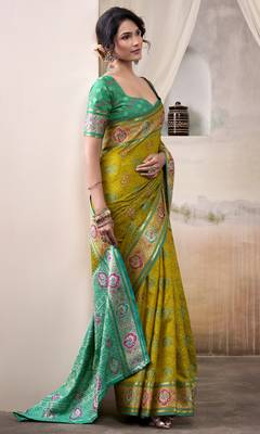 neon patola silk blend patola saree with unstitched blouse piece 2