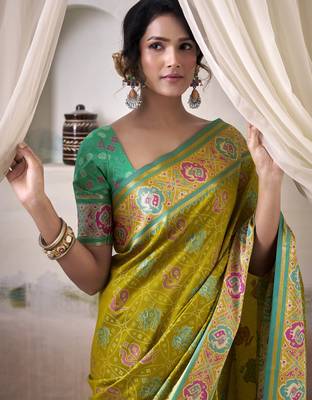 neon patola silk blend patola saree with unstitched blouse piece 3