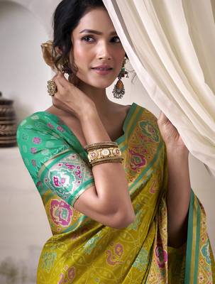 neon patola silk blend patola saree with unstitched blouse piece 4