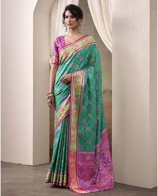 teal patola silk blend patola saree with unstitched blouse piece 1