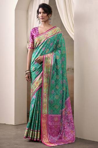 teal patola silk blend patola saree with unstitched blouse piece