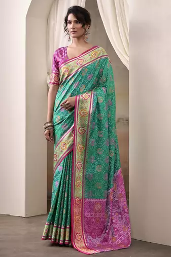 teal patola silk blend patola saree with unstitched blouse piece