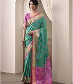 teal patola silk blend patola saree with unstitched blouse piece