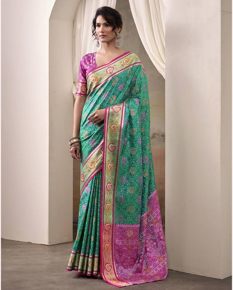 teal patola silk blend patola saree with unstitched blouse piece