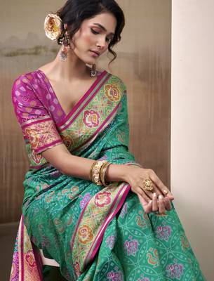 teal patola silk blend patola saree with unstitched blouse piece 2