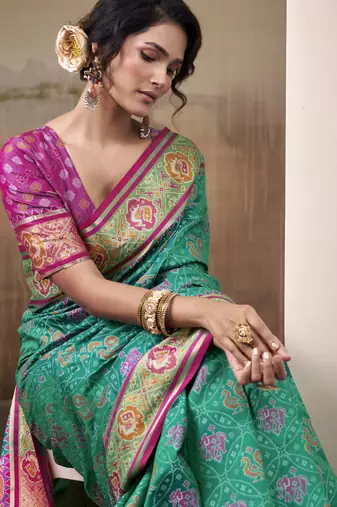 teal patola silk blend patola saree with unstitched blouse piece
