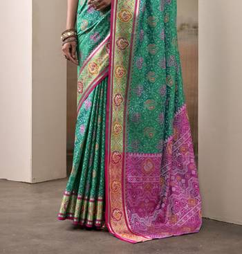teal patola silk blend patola saree with unstitched blouse piece 3