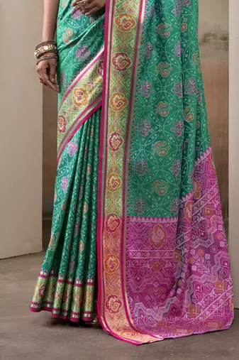 teal patola silk blend patola saree with unstitched blouse piece
