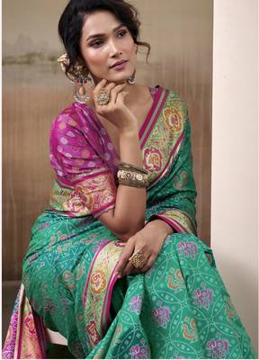 teal patola silk blend patola saree with unstitched blouse piece 4