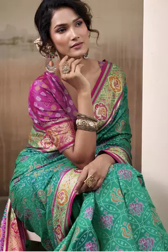teal patola silk blend patola saree with unstitched blouse piece