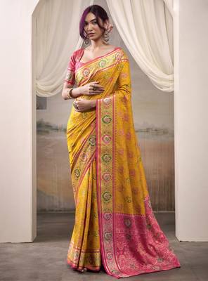 yellow patola silk blend patola saree with unstitched blouse piece 1