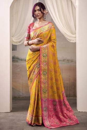 yellow patola silk blend patola saree with unstitched blouse piece