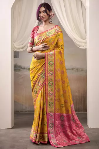 yellow patola silk blend patola saree with unstitched blouse piece