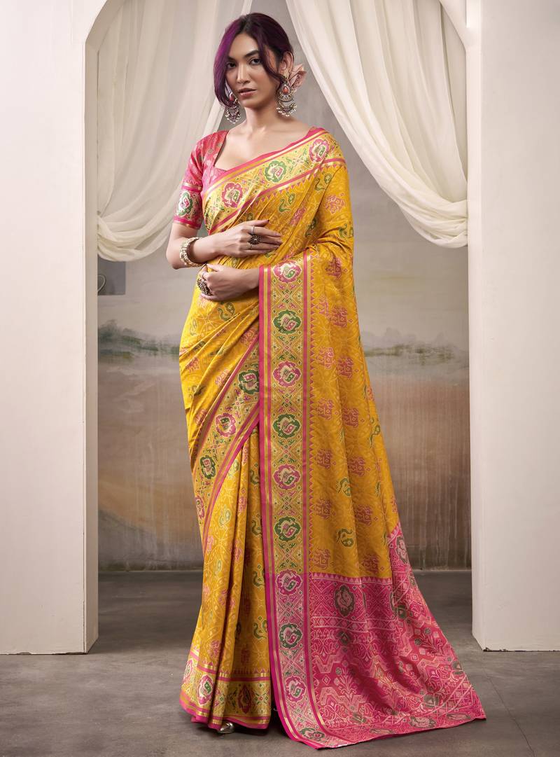 yellow patola silk blend patola saree with unstitched blouse piece