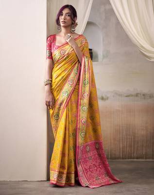 yellow patola silk blend patola saree with unstitched blouse piece 2