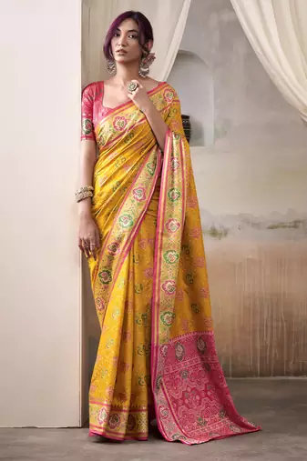 yellow patola silk blend patola saree with unstitched blouse piece