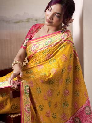 yellow patola silk blend patola saree with unstitched blouse piece 3