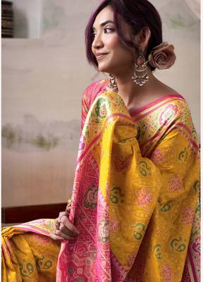 yellow patola silk blend patola saree with unstitched blouse piece 4