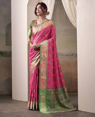 pink patola silk blend patola saree with unstitched blouse piece 1
