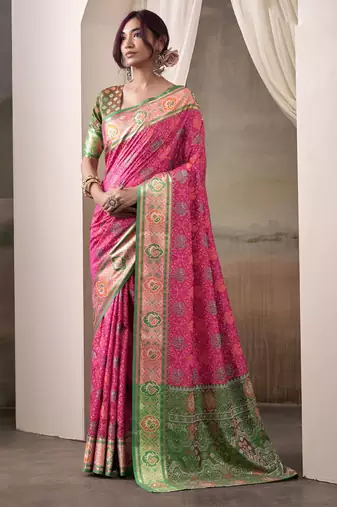 pink patola silk blend patola saree with unstitched blouse piece