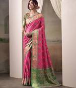 pink patola silk blend patola saree with unstitched blouse piece