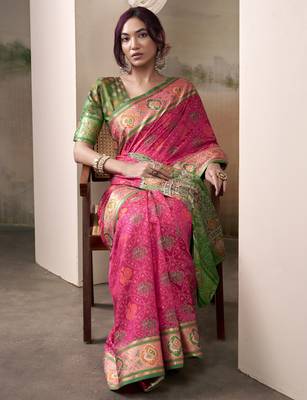 pink patola silk blend patola saree with unstitched blouse piece 2