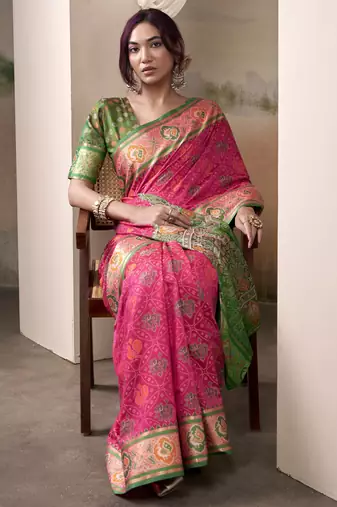 pink patola silk blend patola saree with unstitched blouse piece
