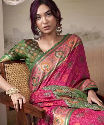 pink patola silk blend patola saree with unstitched blouse piece 4