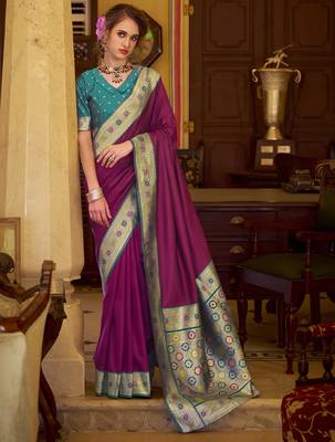 wine soft silk blend woven saree with unstitched blouse piece 1