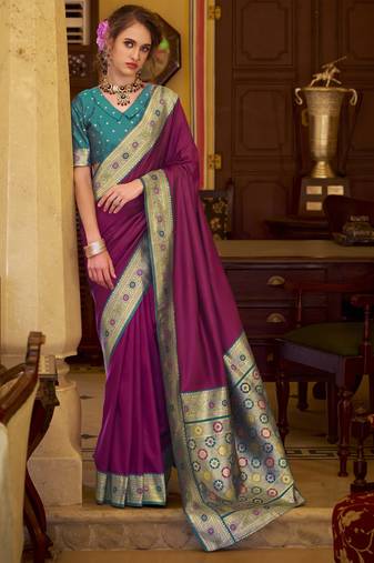 wine soft silk blend woven saree with unstitched blouse piece