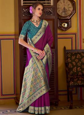 wine soft silk blend woven saree with unstitched blouse piece 2