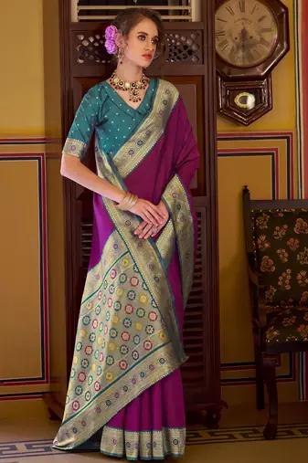 wine soft silk blend woven saree with unstitched blouse piece