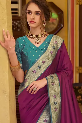wine soft silk blend woven saree with unstitched blouse piece
