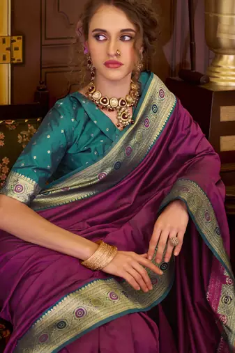 wine soft silk blend woven saree with unstitched blouse piece