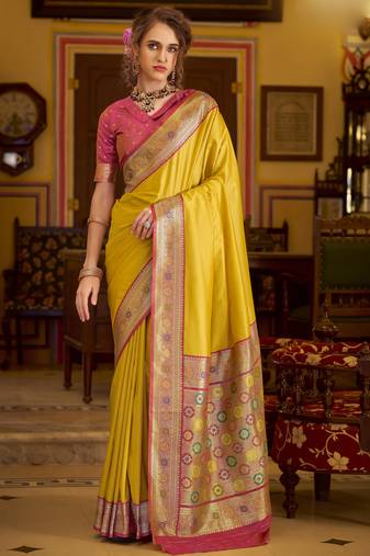 yellow soft silk blend woven saree with unstitched blouse piece