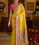 yellow soft silk blend woven saree with unstitched blouse piece