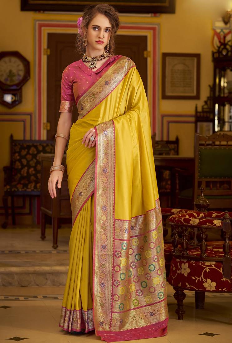 yellow soft silk blend woven saree with unstitched blouse piece