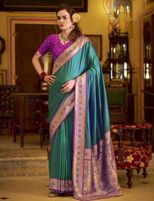 teal soft silk blend woven saree with unstitched blouse piece 1