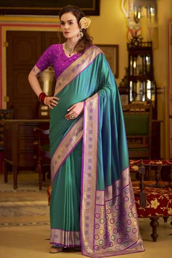 teal soft silk blend woven saree with unstitched blouse piece
