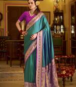 teal soft silk blend woven saree with unstitched blouse piece