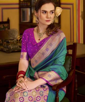 teal soft silk blend woven saree with unstitched blouse piece 3