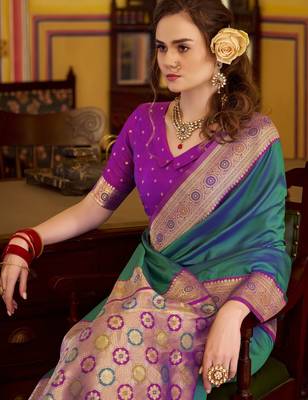 teal soft silk blend woven saree with unstitched blouse piece 4