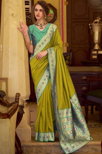 neon soft silk blend woven saree with unstitched blouse piece