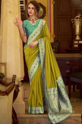 neon soft silk blend woven saree with unstitched blouse piece